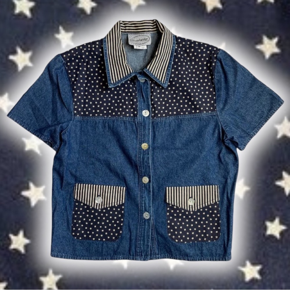 Stars Stripes Denim Button-up Shirt VTG M Short Sleeve American Flag Stonebridge